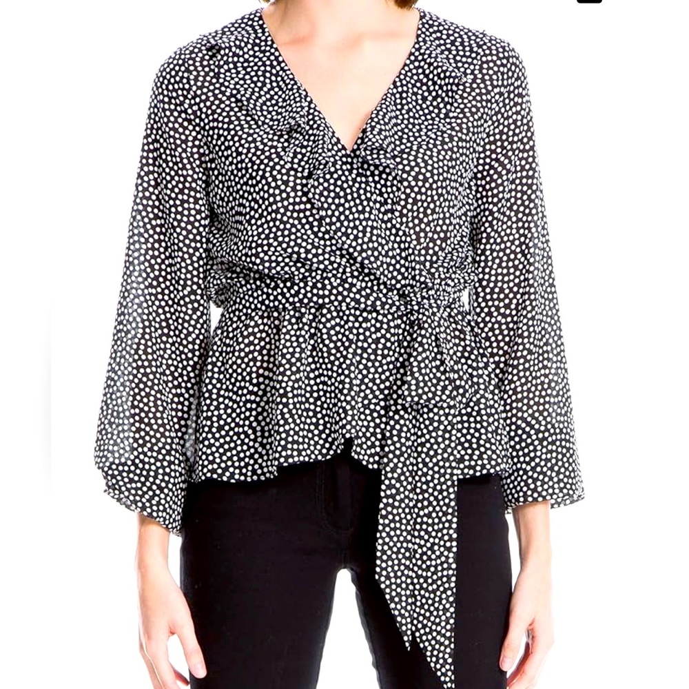 NWT Max Studio Women's Size Small Long Sleeve Wrap Ruffle Front Top Polka Dot
